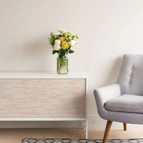 Coral Moire Dots Peel And Stick Wallpaper for Easy DIY Accent Walls on white furniture, coastal farmhouse chic, 20.5 in by 16.5 ft