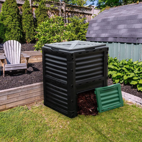 80 Gallon Outdoor Compost Bin With Top Flip Lid And Bottom Exit Door BPA Free Material Large Backyard Composter Barrel For Easy Food Waste Recycling And No Hassle Assembly.