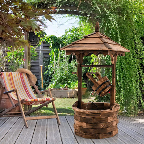 Rustic Wishing Well Outdoor Fountain With Electric Pump on patio, freestanding wooden water feature for backyard decor