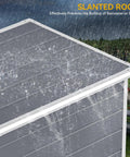 Rain falling on slanted roof of 5x3 Ft Outdoor Storage Shed With Floor All Weather Resin Construction Window And Lockable Door Waterproof Plastic Tool Storage For Garden Patio Gray Durable