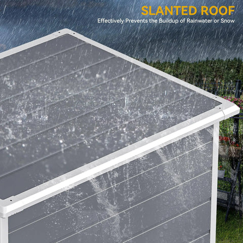 Rain falling on slanted roof of 5x3 Ft Outdoor Storage Shed With Floor All Weather Resin Construction Window And Lockable Door Waterproof Plastic Tool Storage For Garden Patio Gray Durable