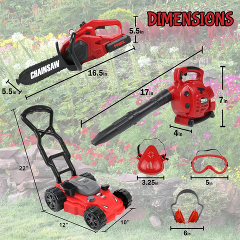 Realistic Toddler Garden Tool Set With Toy Leaf Blower Chainsaw And Lawn Mower Plus Safety Goggles Mask And Earmuffs