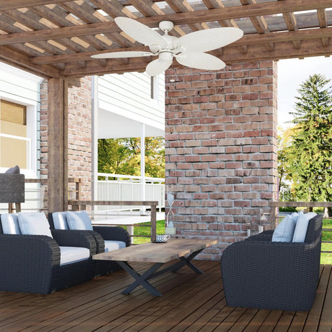 Duval 52 Inch Indoor Outdoor Ceiling Fan With Quick 2 Hang Mount Dual Mount 5 Blade Tropical Design Pull Chain ETL Damp Rated White Ideal For Patios Decks And Covered Outdoor Spaces in patio setting