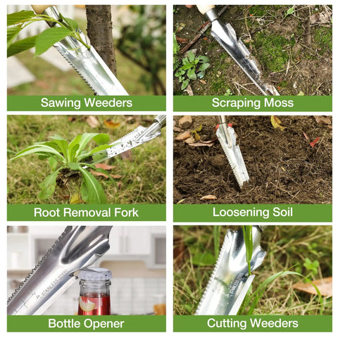 Five In One Garden Weeder Tool With Stainless Steel Head And Wooden Handle showcasing sawing, scraping, root removal, loosening, bottle opening.