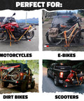 Anti-Tilt Motorcycle Hitch Carrier With 73 Inch Ramp And 47 Inch Dirt Bike Loading Ramp For Fat Tire E-Bikes Fits 2 Inch Receivers Weatherproof Heavy Duty Steel in use on various vehicles.