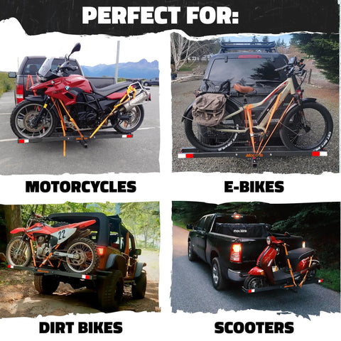 Anti-Tilt Motorcycle Hitch Carrier With 73 Inch Ramp And 47 Inch Dirt Bike Loading Ramp For Fat Tire E-Bikes Fits 2 Inch Receivers Weatherproof Heavy Duty Steel in use on various vehicles.