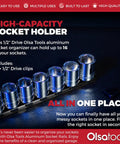 Half Inch Drive Socket Organizer Rail That Holds Sixteen Sockets For Impact Or Chrome Sets, Black Aluminum Heavy Duty Pro Grade Socket Holder For Metric Or SAE, Ideal For Shop Or Garage Organization, Part 1022