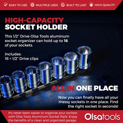 Half Inch Drive Socket Organizer Rail That Holds Sixteen Sockets For Impact Or Chrome Sets, Black Aluminum Heavy Duty Pro Grade Socket Holder For Metric Or SAE, Ideal For Shop Or Garage Organization, Part 1022