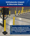 Hardened Steel Rebounding Bollard Post With Shock Absorbing Elastomer Base For Bulletproof Parking Area Security And Durable Vehicle Barrier Protection Built Tough As Nails In The USA At 4X42 installed in warehouse with yellow bollards.
