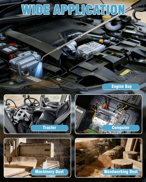 Beefy High Volume Air Blow Gun With 22 To 46 Inch Extendable Nozzle for dust removal in engine bay, tractor, computer, machinery, and woodworking