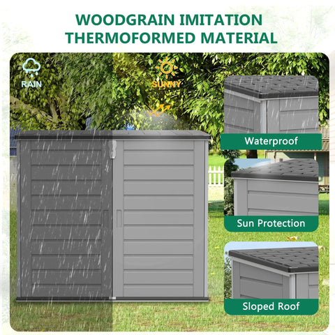 Horizontal Outdoor Storage Shed With Double Lockable Doors 4.6 Ft By 4.1 Ft Resin Construction Water Resistant and Weatherproof with woodgrain finish, showcasing sloped roof and drainage under rain.