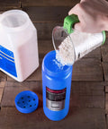 Pouring ice melt into All Season Handheld Spreader For Salt, Seed And Fertilizer, Deicer And Ice Melt Ready, Blue.