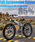 Badass Dual Motor Electric Bike For Adults Built Tough For Everyday Cruisin With 3000W Peak Power showing full suspension on rough terrain.