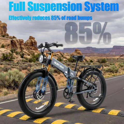 Badass Dual Motor Electric Bike For Adults Built Tough For Everyday Cruisin With 3000W Peak Power showing full suspension on rough terrain.