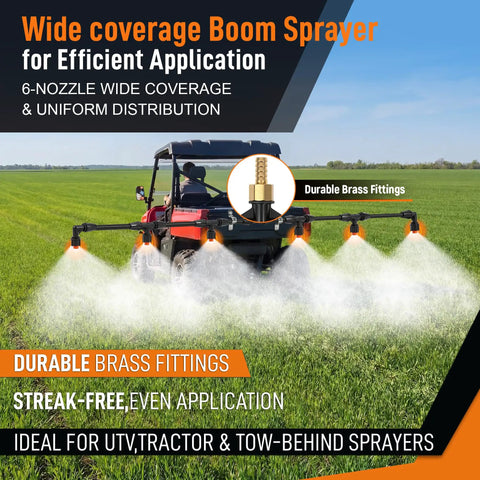 Boom Sprayer Kit For ATV And UTV Tow Behind Sprayers With Wide Coverage Attachment And 6 Nozzles Brass Fittings spraying field.