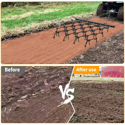 Before and after image showing Chain Drag Harrow For ATV And UTV, 5 Foot Wide By 4.5 Foot Long With Half Inch Tines leveling soil.