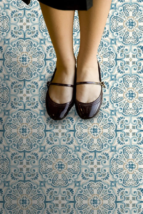 Fontaine Peel And Stick Floor Tiles In Blue Easy Installation No Grout Needed Water Resistant Washable Virgin Vinyl With Textured
