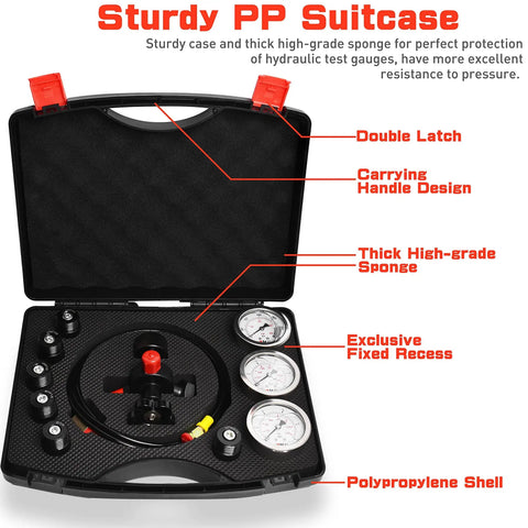 Open PP suitcase with Hydraulic Nitrogen Accumulator Charging Kit, featuring adapters, gauges, and thick sponge insert.