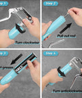 Blue SHALL mini grease gun kit with metal lever, shown in four-step loading guide.