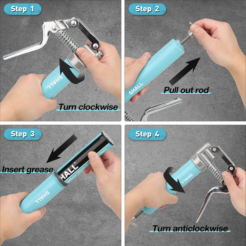 Blue SHALL mini grease gun kit with metal lever, shown in four-step loading guide.