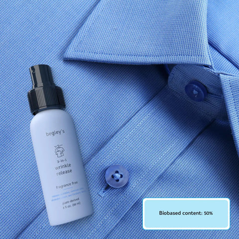 3-In-1 No Iron Wrinkle Release, Static Cling Remover, Odor Eliminator And Fabric Refresher Spray bottle on blue shirt