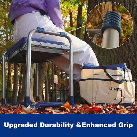 Foldable Garden Kneeler Seat With Detachable Cloud Kneeler Pad at outdoor use, showing robust frame and large tool bag.