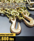 Heavy Duty 3/8 To 1/2 Inch Chain Binder Set With 20 Foot 3/8 G70 Transport Chain, Ratchet Load Binder, Grappling Hook Ends, 9,200 Lbs Working Load Limit, Secure Tie Downs For Trucks And Flatbeds. Close-up of steel clevis grab hooks with embossed markings.