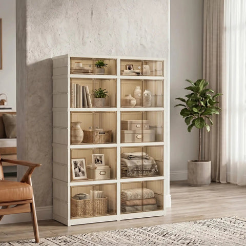 Extra Large White Plastic Collapsible Storage Bins With Tight Lids Five Tier Modular Drawer Cabinet with clear doors.