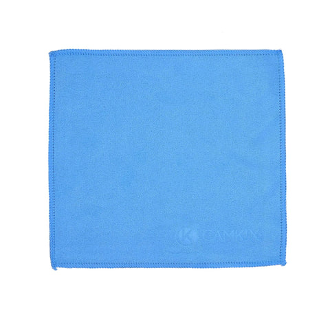 Blue microfiber lens cleaning cloth with stitched edges, square for camera lenses and screens
