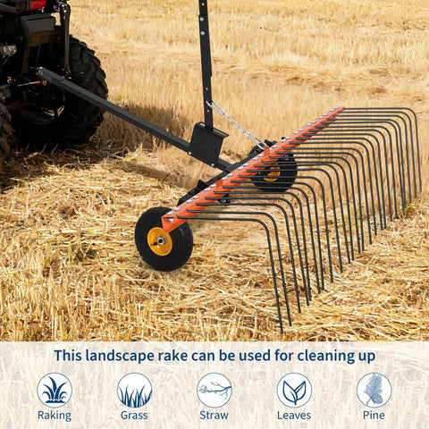 60 Inch Tow Behind Lawn Dethatcher And Landscape Rake With 24 Tines Heavy Duty Steel Pine Straw Rake For ATV UTV And Garden Tractors