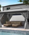 10x13 Outdoor Gazebo With Double Roofs Mosquito Netting And Privacy Screens Heavy Duty Metal Frame Wind Resistant Up To Level 6 Easy Set Up Patio Canopy Shelter For Backyard Garden Or Lawn Gray installed by a pool.