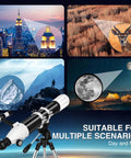 90mm Refractor Telescope with 900mm Focal Length for adults and beginners; views of city, wildlife, mountain, and Moon.