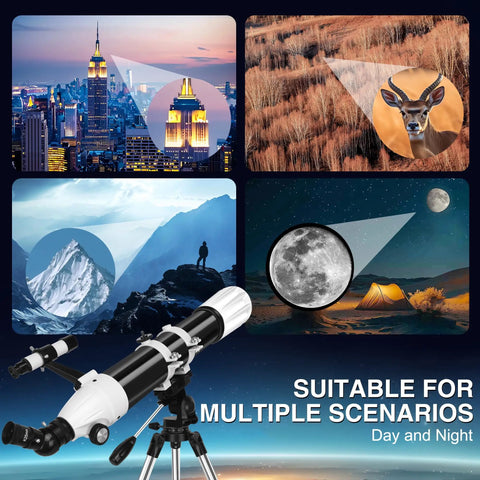 90mm Refractor Telescope with 900mm Focal Length for adults and beginners; views of city, wildlife, mountain, and Moon.