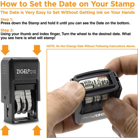 Close-up of Top Tier Self Inking Date Stamp With Smooth Rotating Wheels And Refillable Red Ink Pad for easy date adjustment.