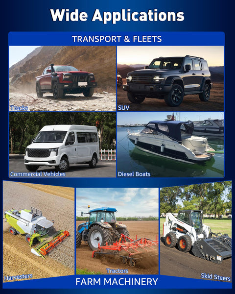 Image showing wide applications of Pro Grade 12V 200W Diesel And Kerosene Electric Fuel Transfer Pump Kit for vehicles and farm machinery.