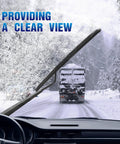 Direct Fit Front And Rear Windshield Wiper Blades For 2013 Through 2022 Buick Encore clearing snow for visibility on snowy road.