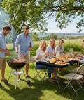 People enjoying outdoor barbecue picnic with Elastic Fitted Flannel Backed Vinyl Tablecloth For 6ft Folding Tables, Black 30x72.
