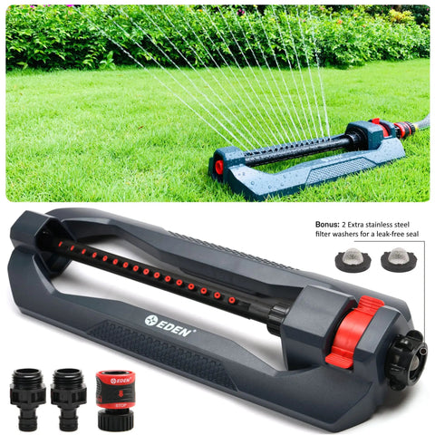 Essential Turbo Oscillating Water Sprinkler With 16 Nozzles That Covers Up To 3600 Sq Ft For A Big Yard Weighted Base Dark Gray Red Silver