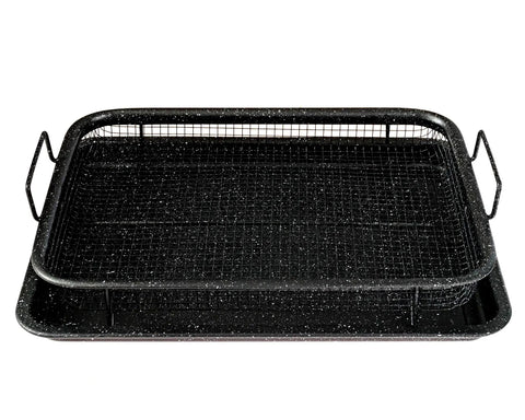 Non-Stick Air Fryer Tray Bakeware Set for Oven 13 by 9 Inch Two Piece with Crisper Pan and Cookie Sheet Stainless Steel With Easy Release Coating No Butter No Oil Needed No Fuss Cleanup Black