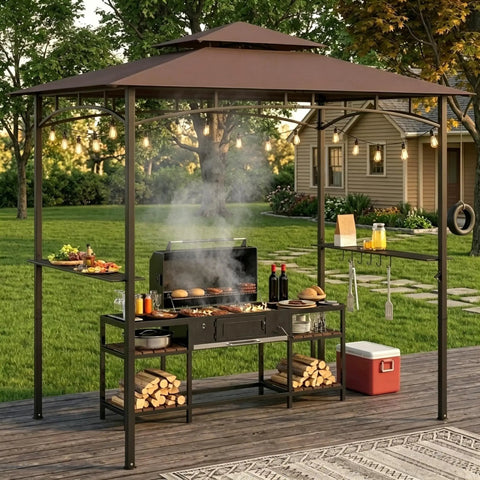 8x5 Grill Gazebo All Weather Outdoor BBQ Canopy With Steel Frame Two Shelves And Utensil Organizer Bottle Opener Rustproof Patio Shelter For Backyard Grilling Year Round