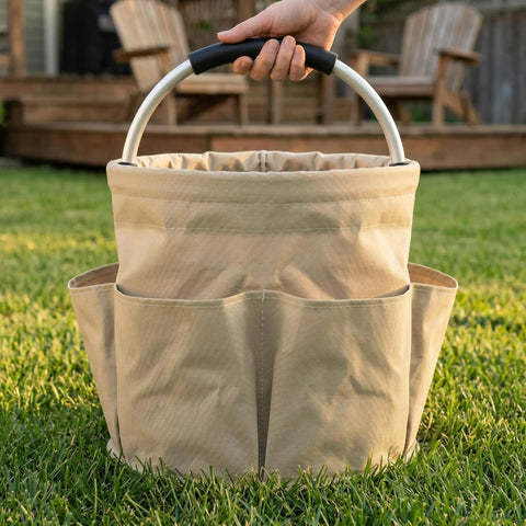 Person holding 17L Foldable Storage Bag Tote, Your All In One Go To Organizer For Outdoor Picnics, Camping Gear, Portable Khaki