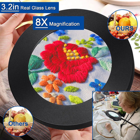 Close-up of 8x magnifying glass with LED light showing embroidery, highlighting product: Hands Down The Best Eight Times Magnifying Glass