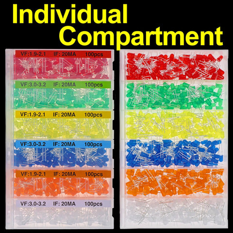 600 Piece 5mm LED Diode Assortment Kit in six colors with 100 pieces each, shown in a handy storage box with individual compartments
