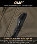 Close-up of zipper on Kids Winter Coat And Snow Suit Waterproof Insulated Softshell Ski Snowboard Jacket With Hood And Zip Pockets Army Green