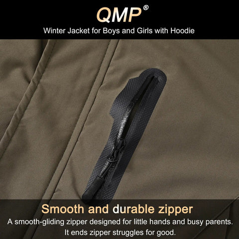 Close-up of zipper on Kids Winter Coat And Snow Suit Waterproof Insulated Softshell Ski Snowboard Jacket With Hood And Zip Pockets Army Green