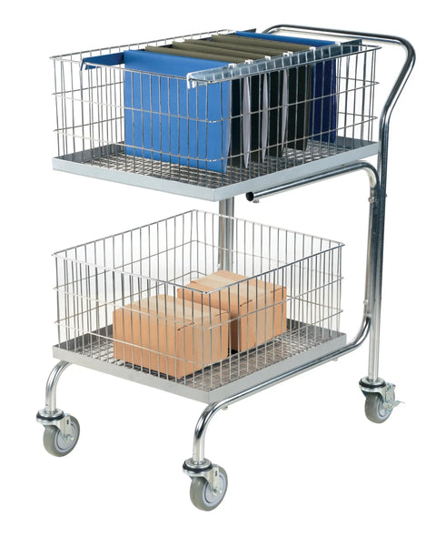 Heavy Duty Steel Mail Cart For Hospital Nursing Units With Quiet Roller Casters No Fuss Paper Sorting Solutions Built Tough For Daily Runabouts In Multicolor Finish Option with open trays and boxes.