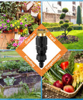 Copper Drip Irrigation Faucet Adapter Kit For Home Gardens With 25 PSI Backflow Preventer Filter Plumbers Tape And Pressure Regulator Plus Quick Connect From One Quarter Inch Tubing To Three Quarter Inch Garden Hose, surrounded by garden scenes.