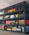 Heavy Duty 60 Inch Wide Garage Shelving Unit With 3000 Lbs Capacity, 5 Tier Metal Storage Racks For Garage Basement Pantry Workshop And More, Built To Last Steel Shelves For Maximum Space And Clean Up Clutter in black steel with tools and bins