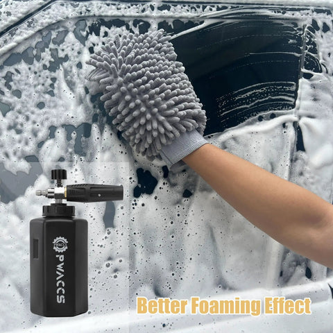 Person using Adjustable Foam Cannon For Pressure Washer With Big Mouth Snow Foam Lance, 1.5 L Canister on car