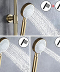 UMJIGF 10 Inch Shower System Brushed Gold Shower Faucet Set Wall Mounted Brass Shower Combo Set Dual Handle Mixer Shower with Shower Head, 3 Mode Handheld Shower, Tub Spout showing three spray modes.